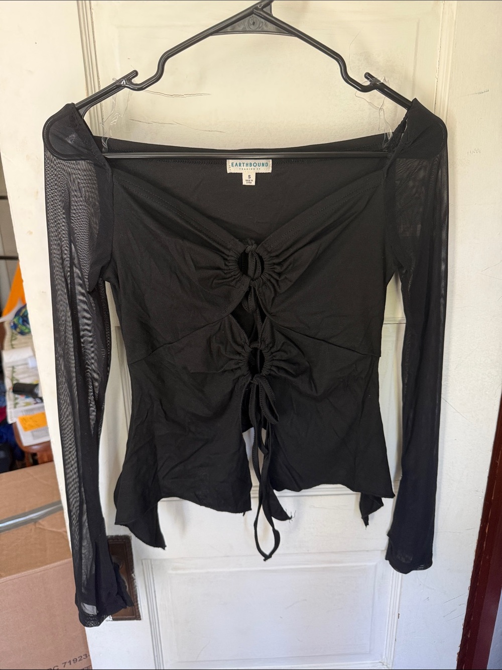 EARTHBOUND Black Mesh Sleeve Tie-Front Long Sleeve Top